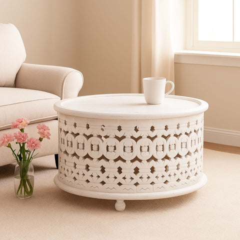 Marguerite Hand-Carved Round Coffee Table
