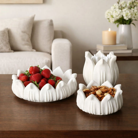 Anahata  Hand-Sculptured White Marble Lotus Crown Bowl - Small