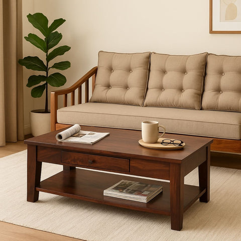 Aristotle Sheesham Wood Coffee Table with Drawer & Open Shelf