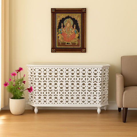 Marguerite Hand-Carved White Floral Credenza