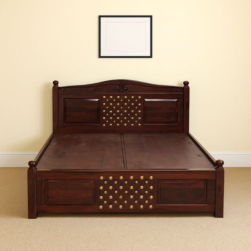 Haveli Sheesham Wood Queen Bed with Traditional Brass Detailing