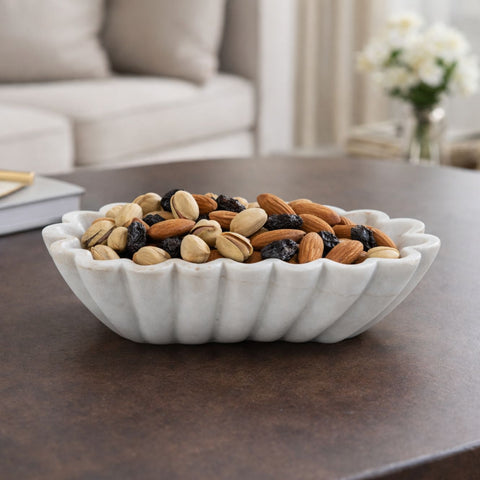 Hand-Sculptured Oval White Marble Scalloped Bowl