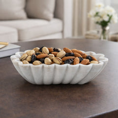 Hand-Sculptured Oval White Marble Scalloped Bowl
