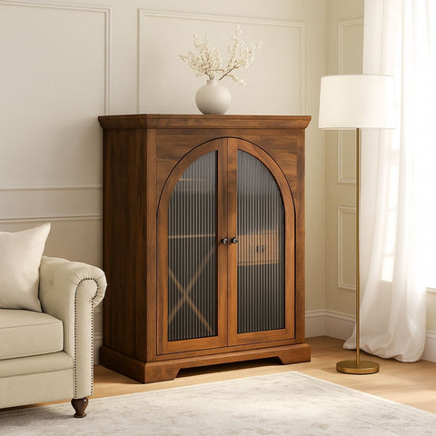 Arched Mango Wood & Glass Bar Cabinet with Storage