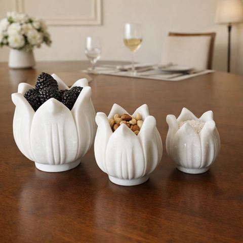 Hand-Sculptured White Marble Floral Petal Bowl - Small