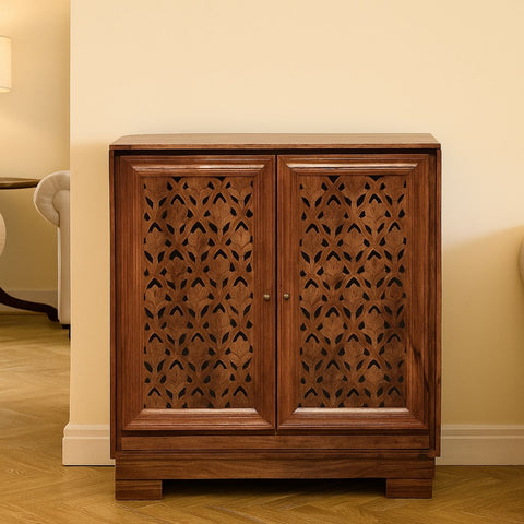 Kalpana Mango Wood Bar Cabinet with Hand-Carved Door Design