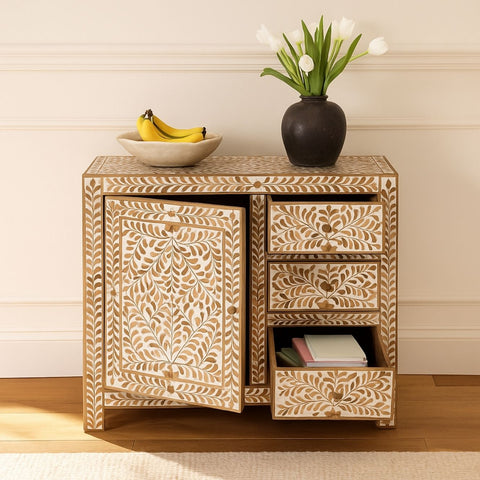 Splendid Leaves 3-Drawer Mango Wood Cabinet
