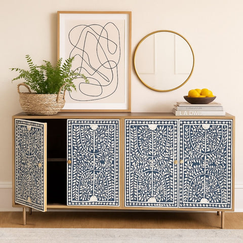Eira Blue Floral Bone Inlay 4-Door Sideboard