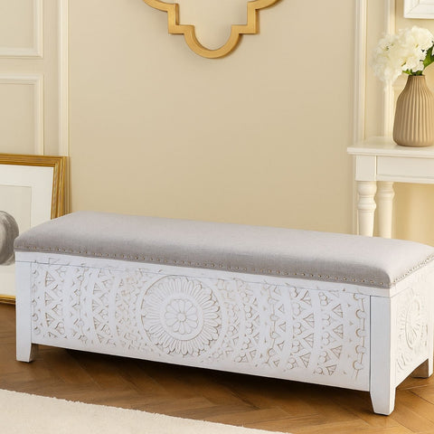 Carved Lace Storage Bench with Upholstered Top