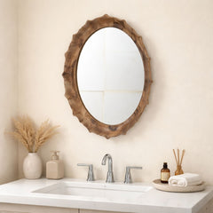 Modern Mango Wood Wall Mirror with Sculpted Frame – Flat Walnut Finish