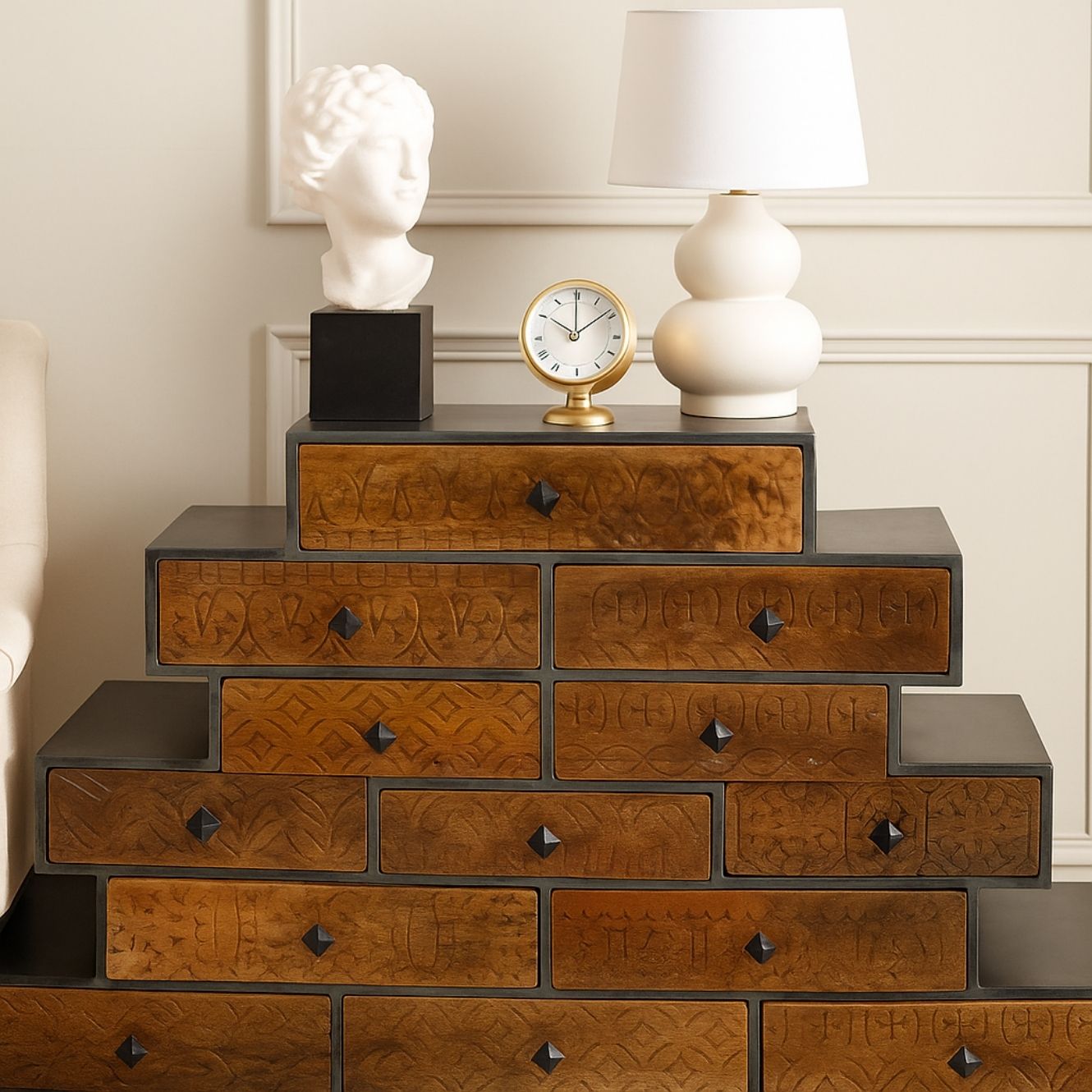 Llywelyn 13-Drawer Mango Wood & Iron Tower