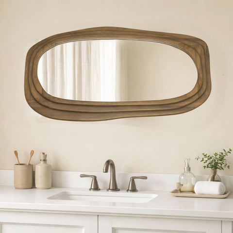 Modern Wooden Organic Shape Mirror — Mango Wood Frame, Flat Walnut Finish