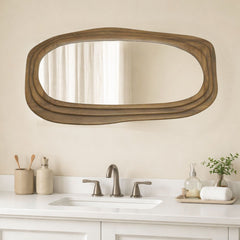 Modern Wooden Organic Shape Mirror — Mango Wood Frame, Flat Walnut Finish