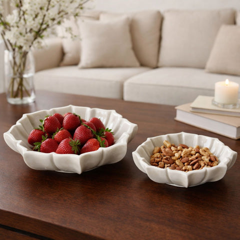 Hand-Sculptured White Marble Scalloped Petal Bowl - Large