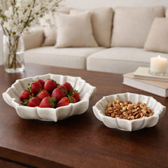 Hand-Sculptured White Marble Scalloped Petal Bowl - Large