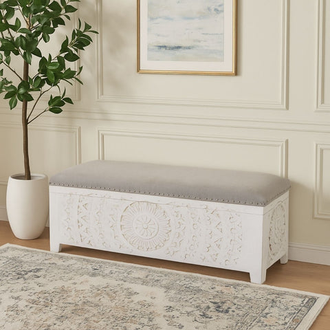 Hand-Carved Mango Wood Storage Bench with Upholstered Top