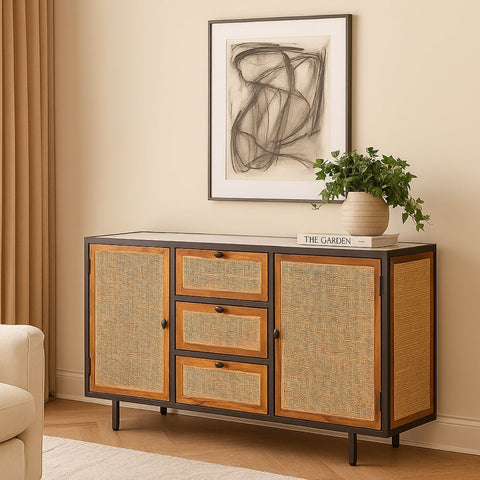 Adrian Mango Wood & Cane Sideboard with Marble Top