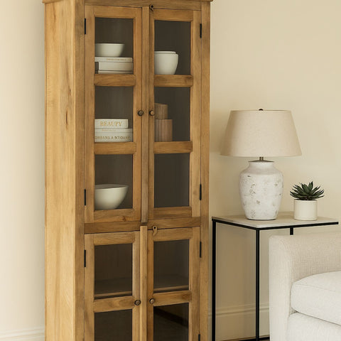 Rustic Glass Panel Mango Wood Storage Cabinet