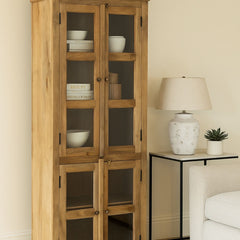 Rustic Glass Panel Mango Wood Storage Cabinet
