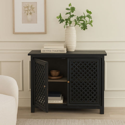 Colonial Style Black Lattice Mango Wood 2-Door Cabinet