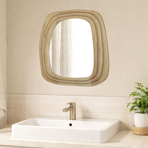 Modern Wooden Organic Shape Mirror – Mango Wood Frame, Natural Finish