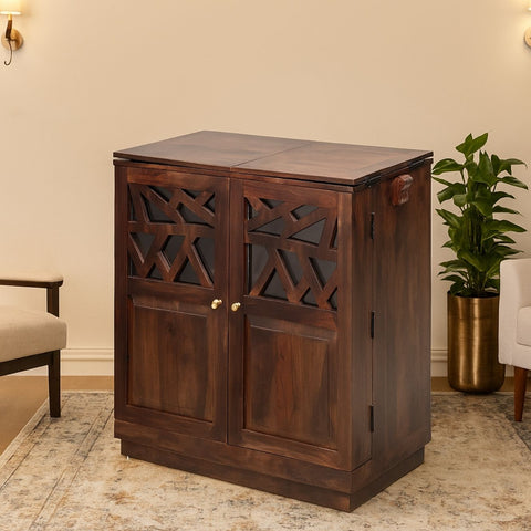 Razia Mango Wood Bar Cabinet with Foldable Top & Storage