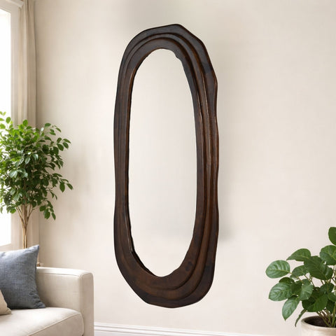 Modern Elongated Mango Wood Wall Mirror with Layered Frame – Flat Walnut Finish