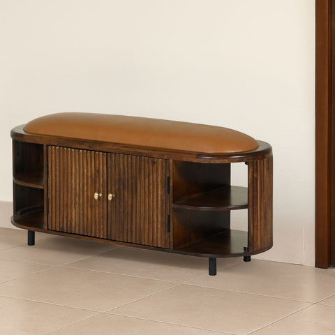 Wooden Shoe Rack with Leather Cushion Seat