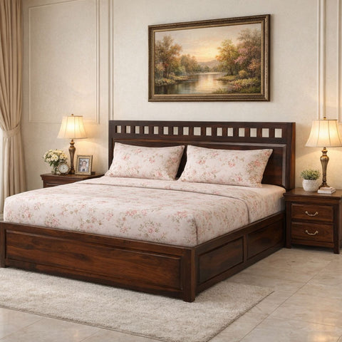 Wolf Sheesham Wood King Bed featuring Two Large Under-Bed Drawers