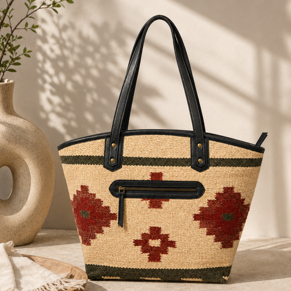 The Terracotta Sun Woven Kilim & Leather Tote
