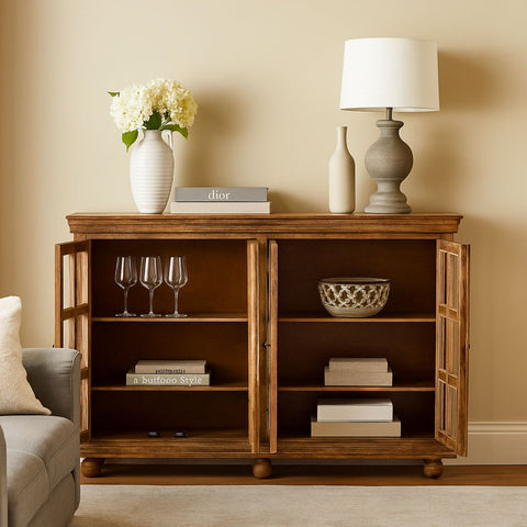 Rustic Wooden Sideboard with 24 Glass Pane Doors