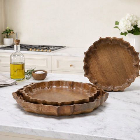 Handcrafted Lotus Silhouette Mango Wood Tray - Small