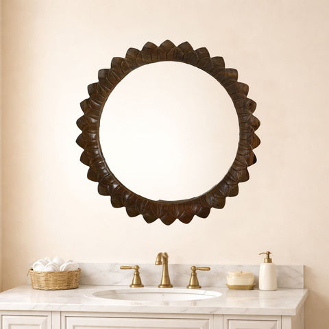 Modern Round Mango Wood Wall Mirror with Hand-Carved Frame – Flat Walnut Finish