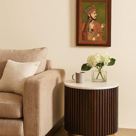 Round Mango Wood Lamp Table with Fluted Base & Marble Top