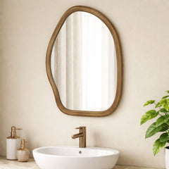 Modern Wooden Organic Shape Wall Mirror — Mango Wood Frame, Flat Walnut Finish
