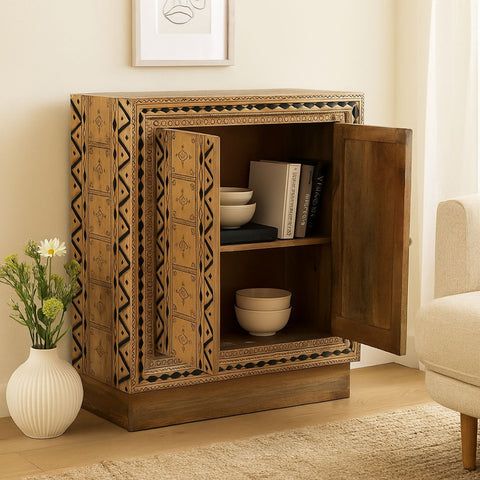 Mereau Solid Wood Cabinet with Tribal Pattern