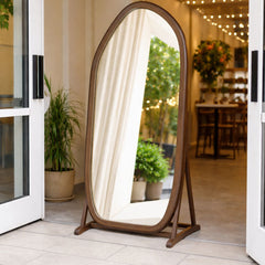 Modern Wooden Organic Shape Mirror – Mango Wood Frame, Flat Walnut Finish