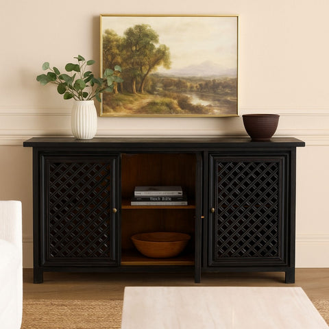 Colonial Style Black Lattice Mango Wood Sideboard