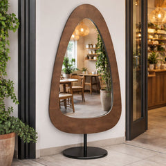 Wooden Organic Shape Wall Mirror — Mango Wood, Walnut Finish