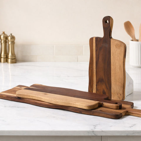 Hand-Carved Live Edge Sheesham Wood Cutting Board with Paddle Handle -Small