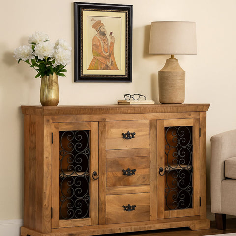 Steamer Solid Wood Sideboard with Wrought Iron Detailing