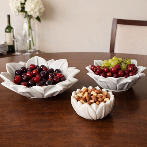 Hand -Carved Decorative White Marble Lotus Bowl - Small