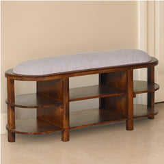 Mango Wood Shoe Rack with Upholstered Seating Bench
