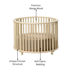 Round Mango Wood Baby Crib with Soft Fabric Mattress