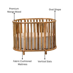 Handcrafted Mango Wood Baby Crib with Fabric Cushioning