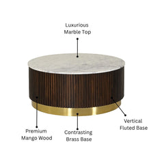Round Mango Wood Coffee Table with Fluted Base & Marble Top