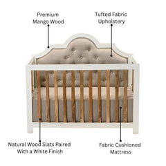Vintage Mango Wood Baby Crib with Upholstered Fabric Headboard