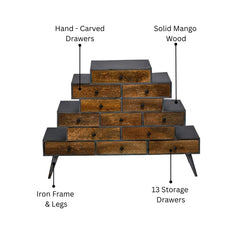 Llywelyn 13-Drawer Mango Wood & Iron Tower