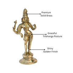 Tribhanga Pose Brass Statue — Vintage Style Decor Idol, Shiny Golden Finish