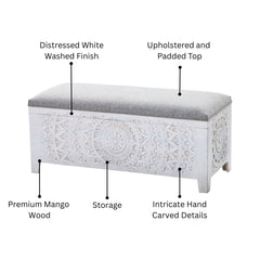 Hand-Carved Mango Wood Storage Bench with Upholstered Top